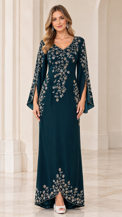 Full front view of model wearing Dark Teal embroidered V-neck split sleeve evening gown