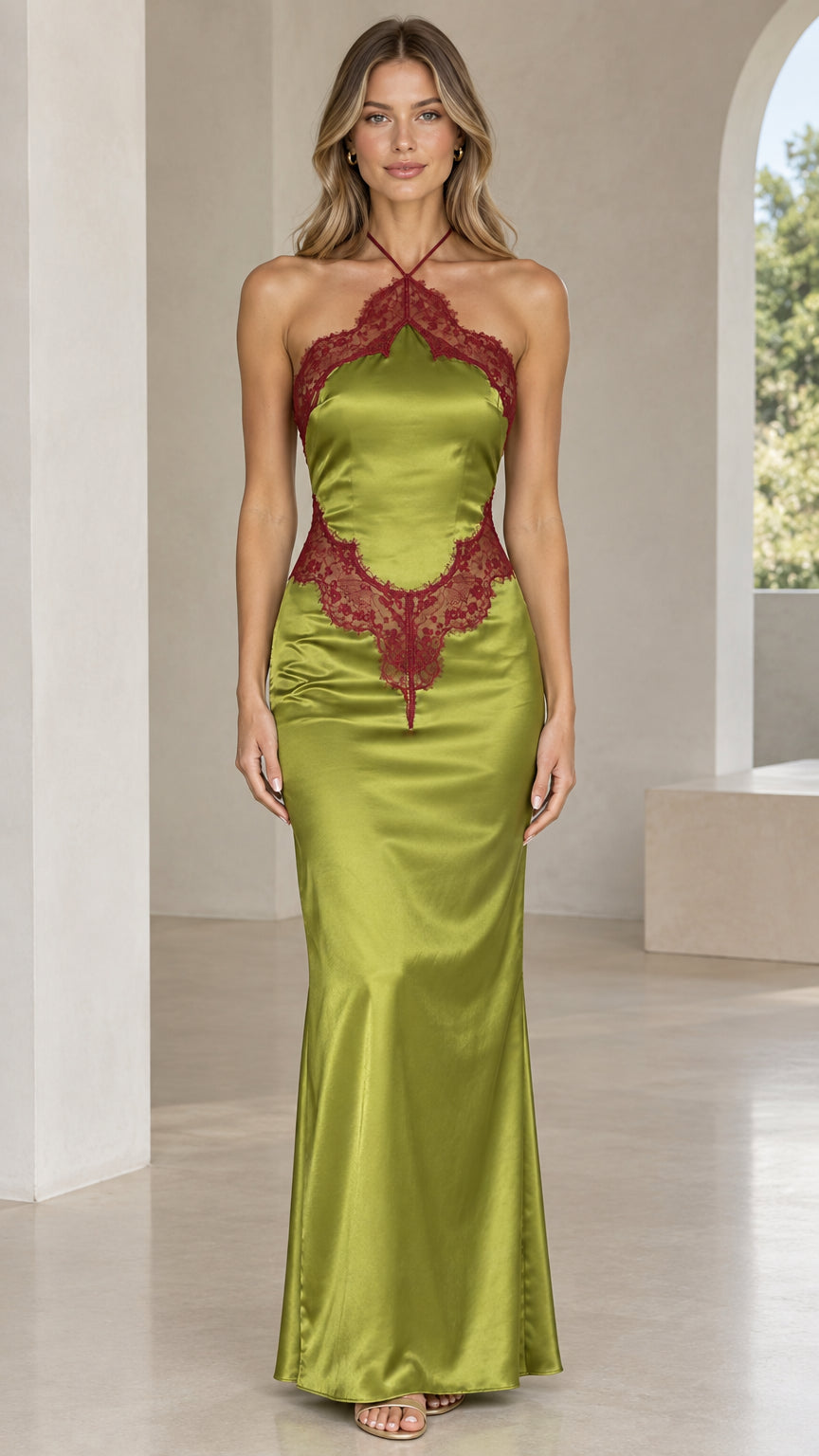 Front view of model wearing olive green halter satin maxi dress with burgundy lace trim