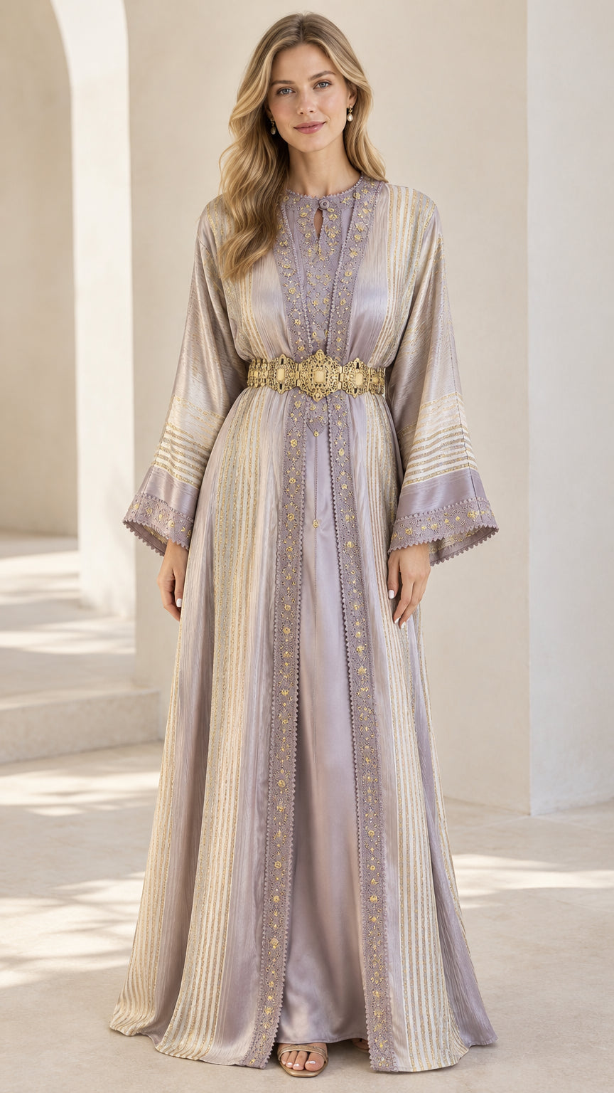 Lavender embroidered kaftan maxi dress with gold belt front view