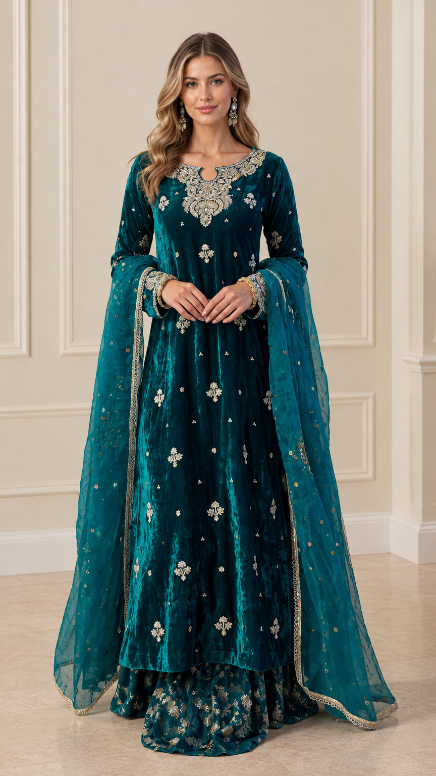 Front full-length view of model wearing Teal embroidered velvet kurta set with sheer dupatta