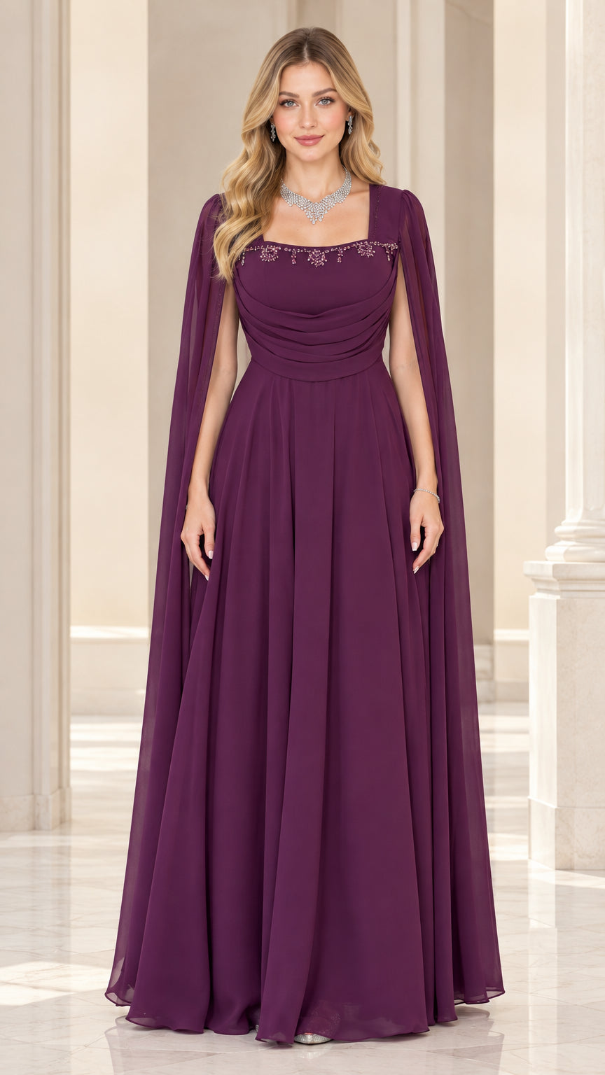 Front full-length view of plum cape sleeve chiffon evening gown with beaded neckline