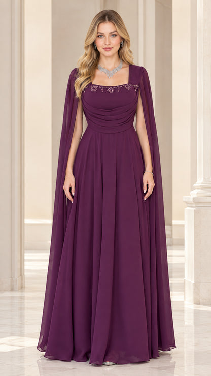 Front full-length view of plum cape sleeve chiffon evening gown with beaded neckline
