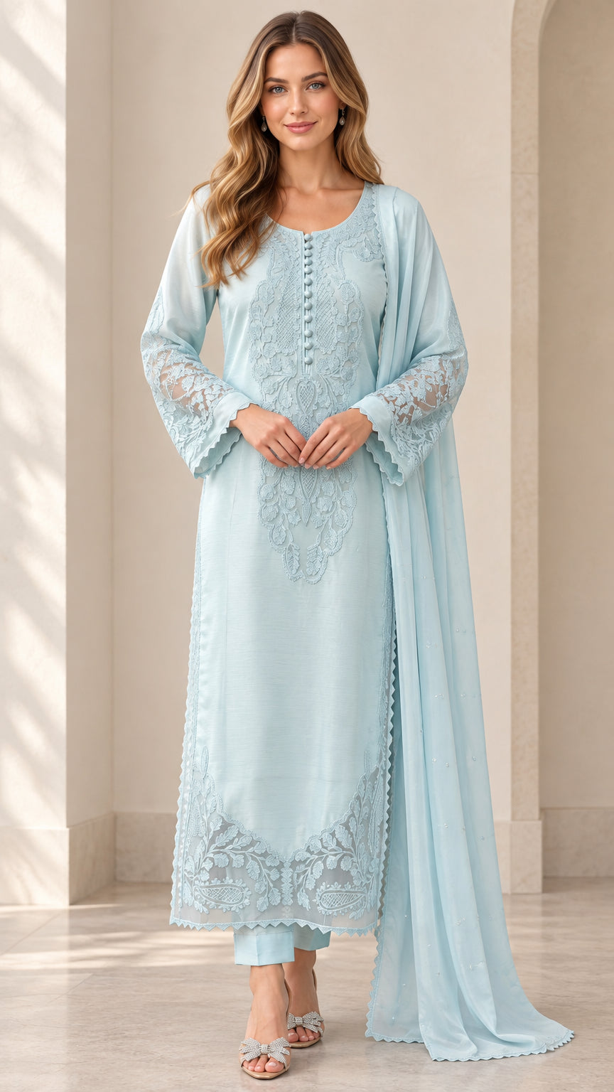Full front view of model wearing sky blue embroidered 3-piece kurta pant set with matching dupatta