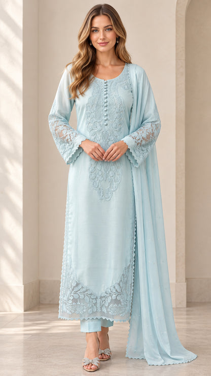 Full front view of model wearing sky blue embroidered 3-piece kurta pant set with matching dupatta