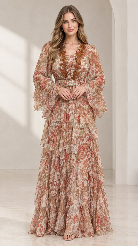 Front view of woman wearing blush floral print tiered maxi dress with matching belt