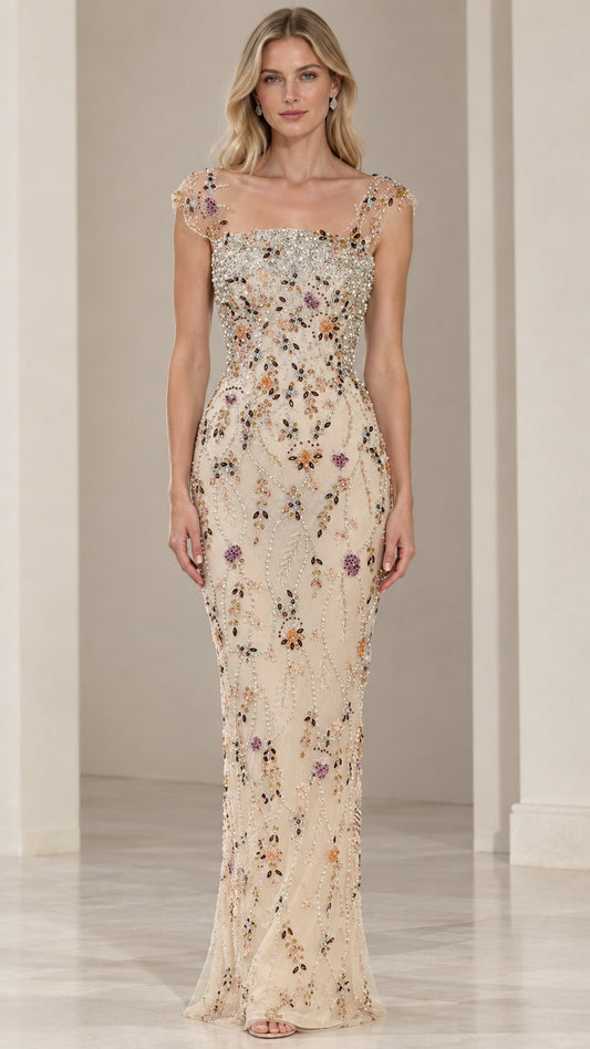 Front full-length view of Champagne floral beaded square neck evening gown