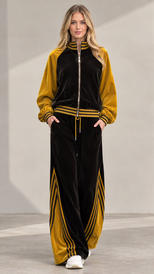 Women's black and gold velour tracksuit set front view