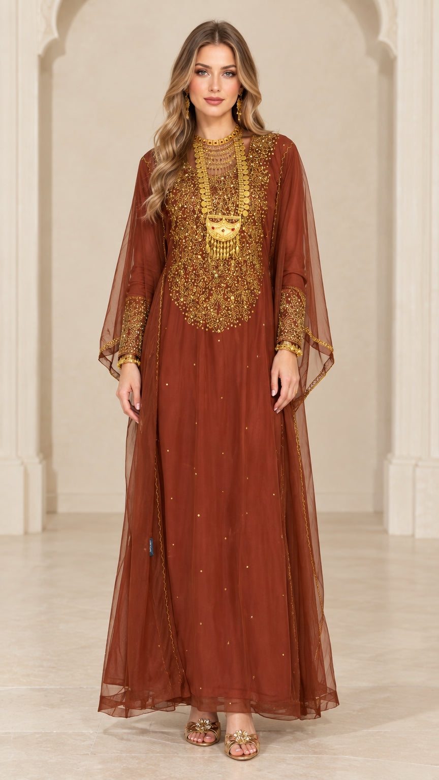 Front view of woman wearing rust brown embroidered sheer overlay maxi kaftan gown