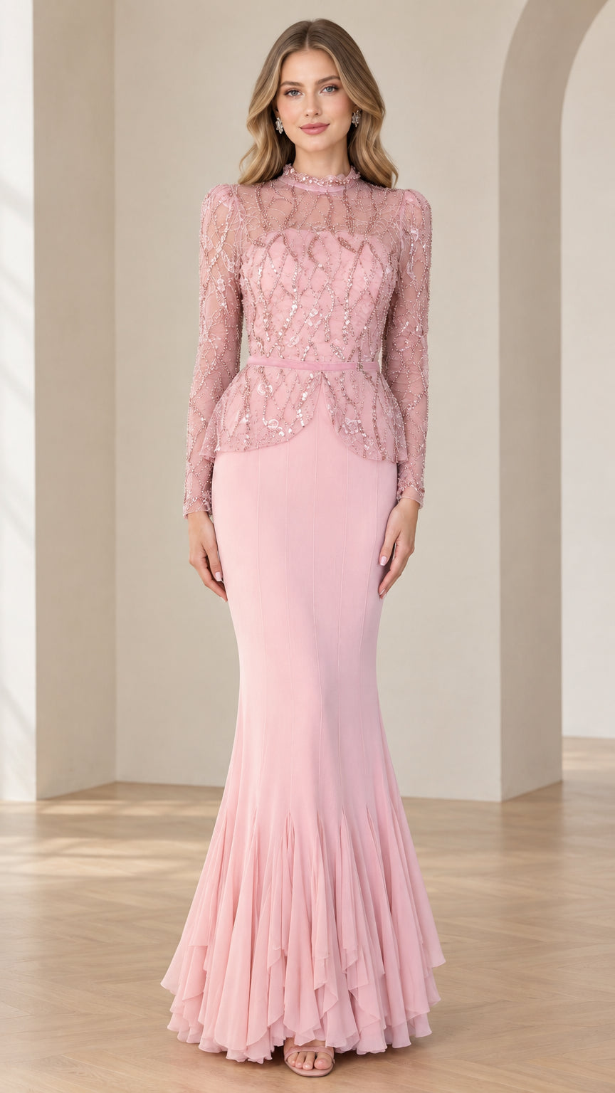 Front full-length view of woman wearing blush pink high neck beaded peplum mermaid evening gown