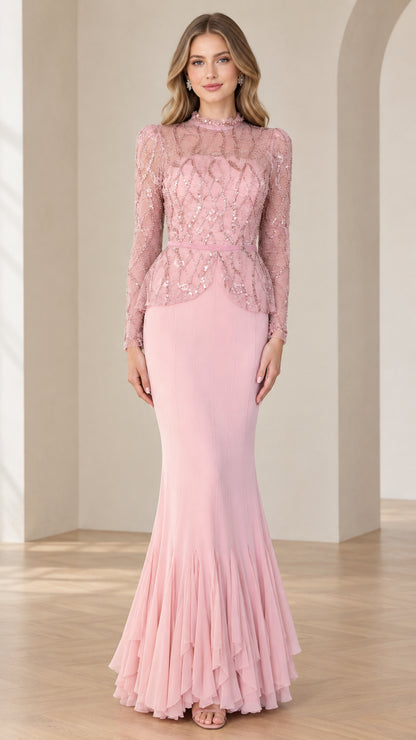 Front full-length view of woman wearing blush pink high neck beaded peplum mermaid evening gown