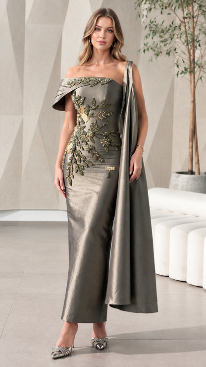 Full front view of Charcoal Asymmetrical Beaded Cape Evening Gown