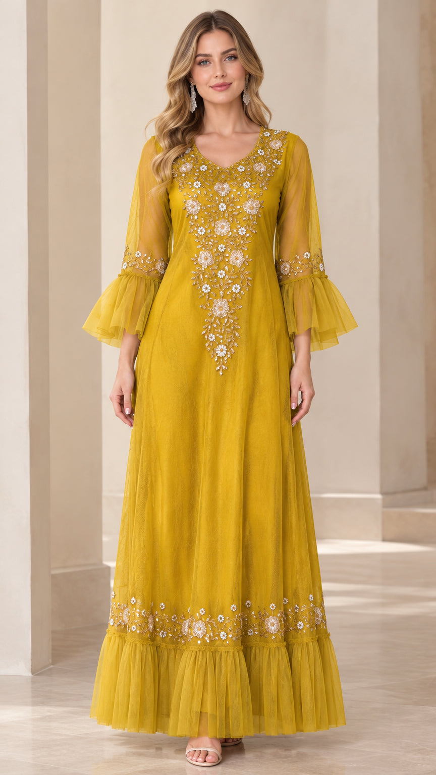 Front view of mustard yellow floral embroidered bell sleeve maxi dress