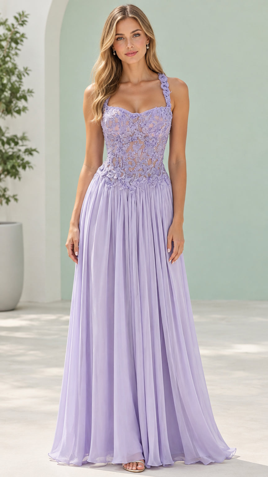 Lavender floral embroidered lace bodice chiffon maxi evening gown front view