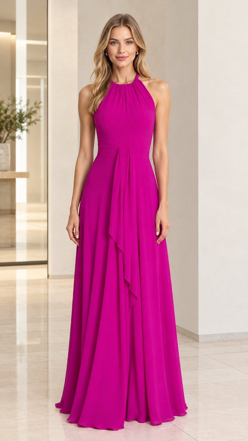 Model wearing a floor-length magenta halter neck formal evening dress front view