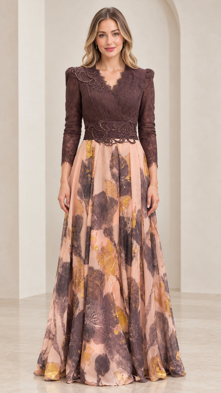 Front full-length view of model wearing chocolate brown lace bodice maxi evening gown
