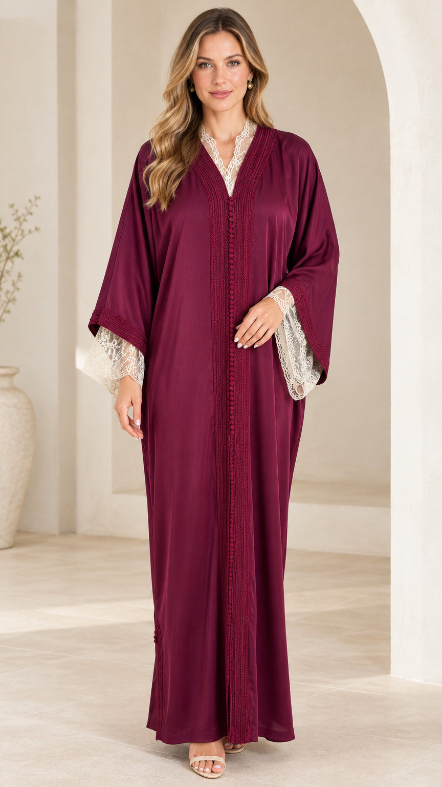 Burgundy long sleeve maxi abaya dress with lace cuffs and braided button placket front view