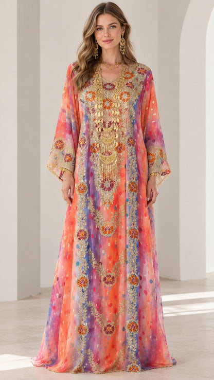 Front view of model wearing sunset multi watercolor embroidered kaftan maxi dress