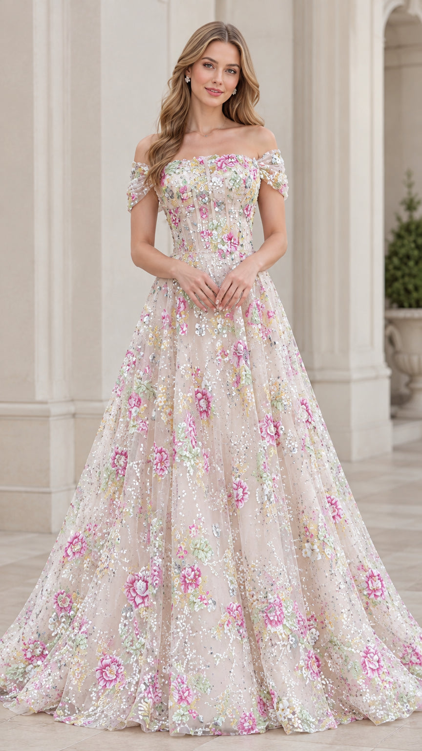 Front view of model wearing Champagne floral embroidered off-the-shoulder sequin ball gown