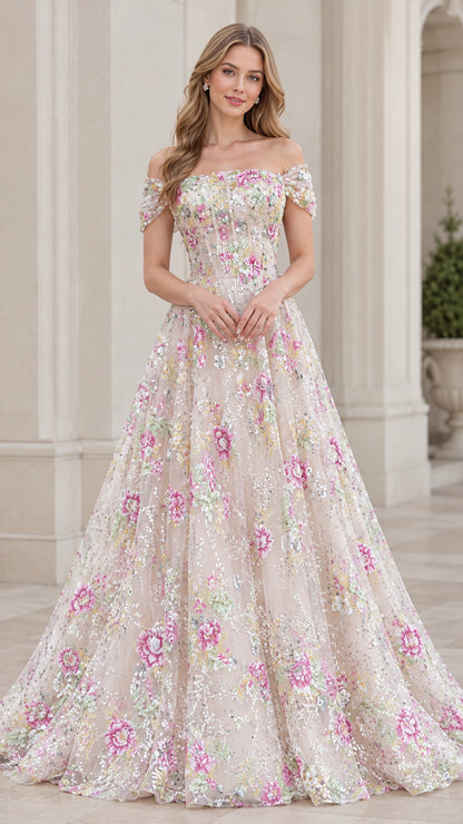 Front view of model wearing Champagne floral embroidered off-the-shoulder sequin ball gown