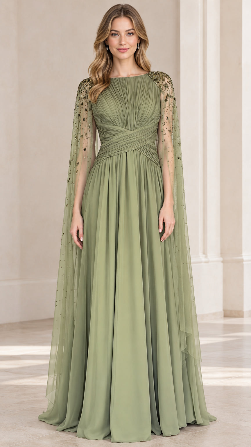 Sage green pleated formal evening gown with beaded cape sleeves front view
