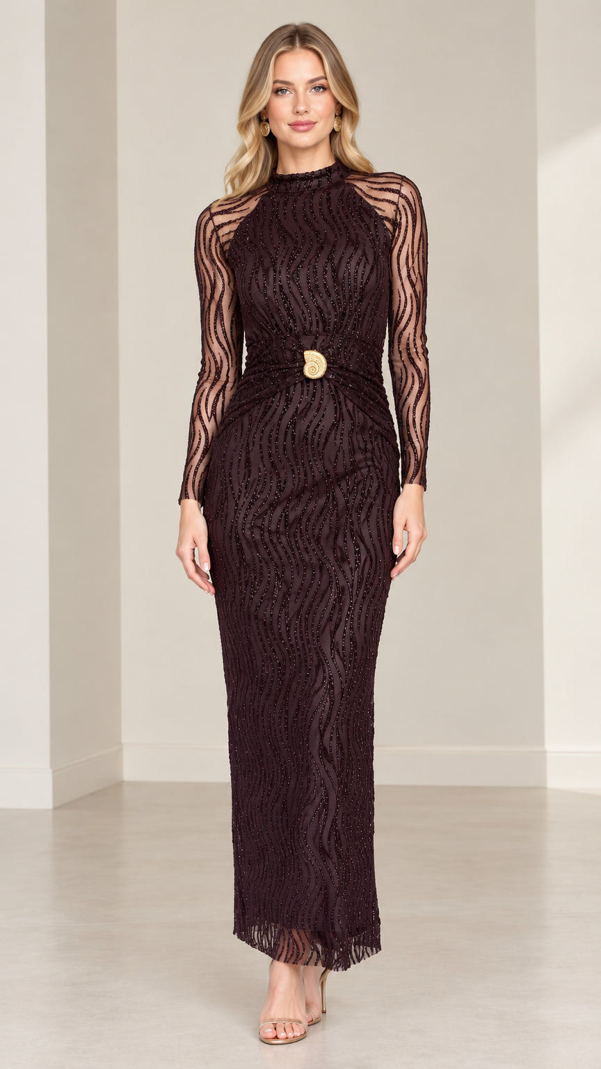 Front full-length view of plum mock neck long sleeve beaded maxi gown