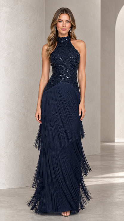 Full front view of navy blue halter sequin bodice tiered fringe maxi dress