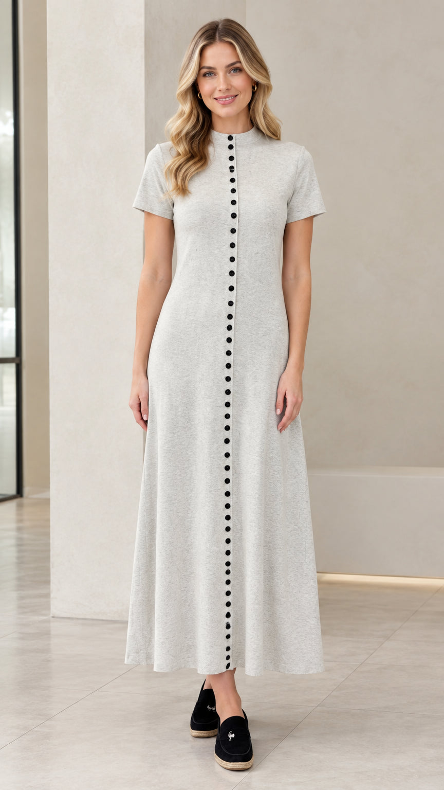 Front full-length view of woman wearing Heather Grey short sleeve button-front maxi dress