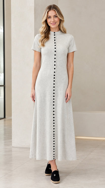 Front full-length view of woman wearing Heather Grey short sleeve button-front maxi dress