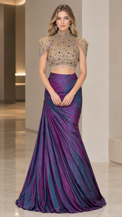 Front view of model wearing royal purple two-piece beaded high-neck mermaid evening gown
