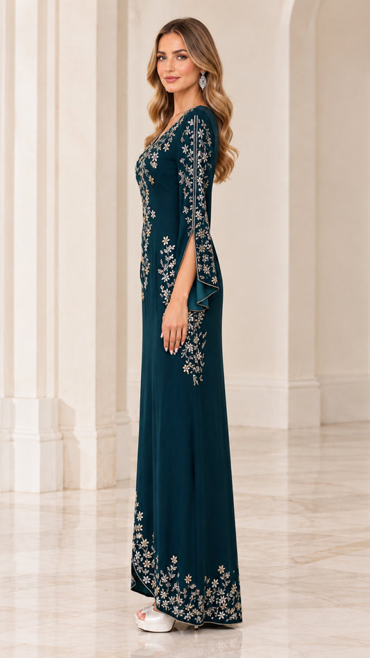 Side profile view of Dark Teal floor-length evening dress with embroidered split sleeves