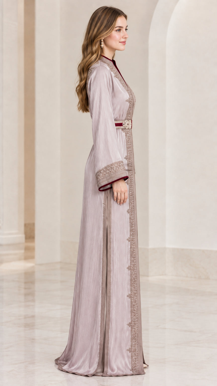 Side profile view of woman modeling dusty lilac long sleeve kaftan dress