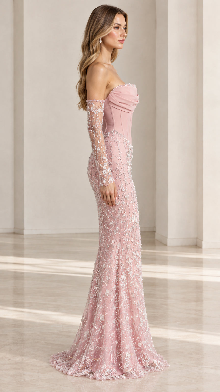 Side profile of woman in Dusty Pink corset trumpet formal gown