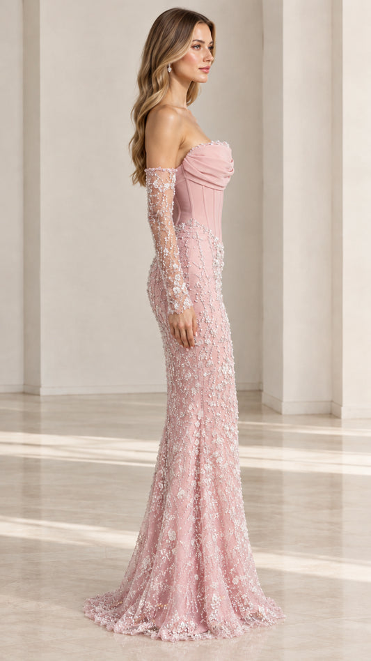 Side profile of woman in Dusty Pink corset trumpet formal gown