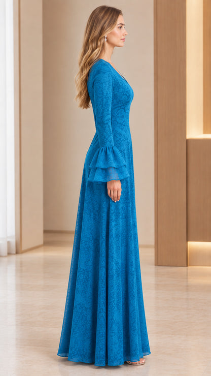 Side profile view of ocean blue jacquard evening gown