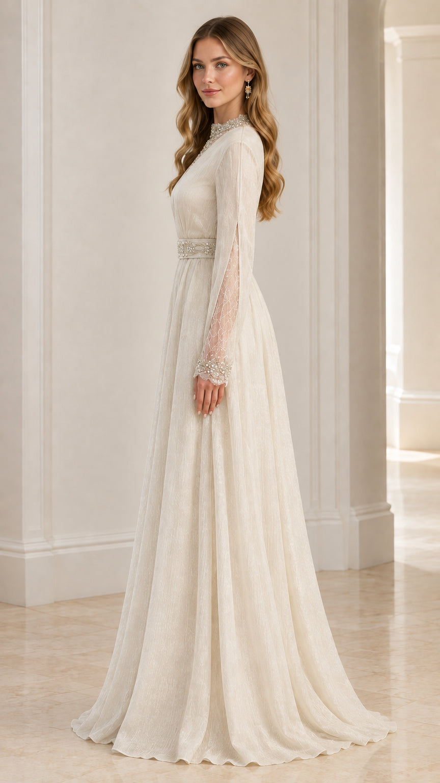 Side profile of woman in elegant ivory floor-length maxi formal dress