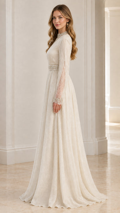Side profile of woman in elegant ivory floor-length maxi formal dress