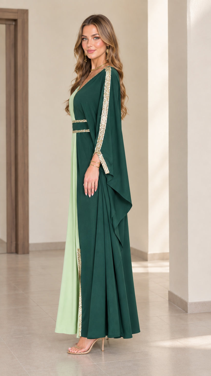 Side angle of two-tone green formal kaftan dress showing draped batwing sleeve