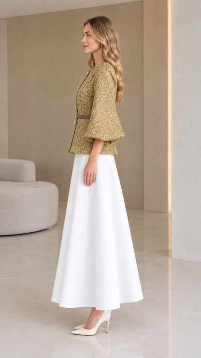 Olive green textured tweed jacket with slim belt and flare sleeves - side profile view