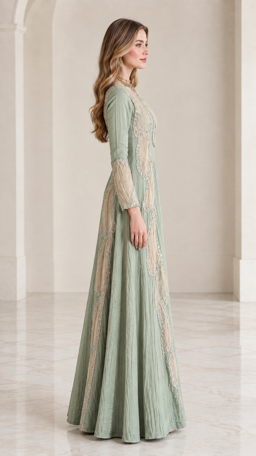 Side profile view of sage green textured A-line maxi dress