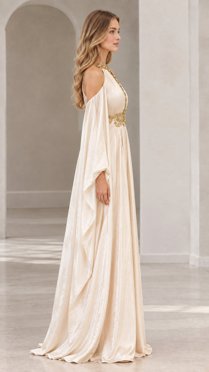 Side view of woman wearing champagne cape sleeve maxi formal dress