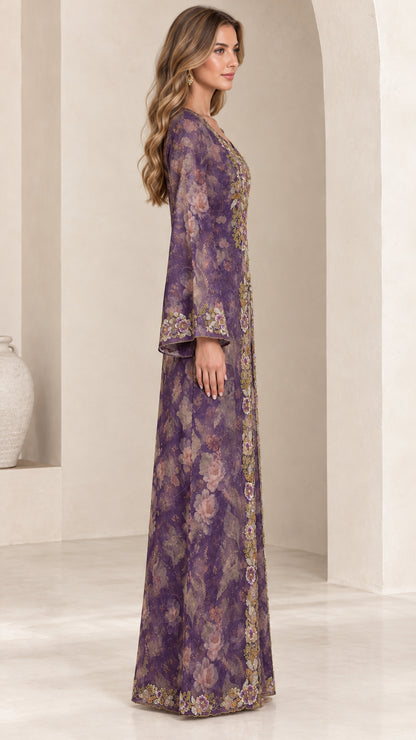 Side profile view of purple floral embroidered floor-length dress
