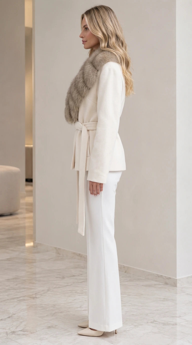 Side profile view of ivory belted tailored wrap coat