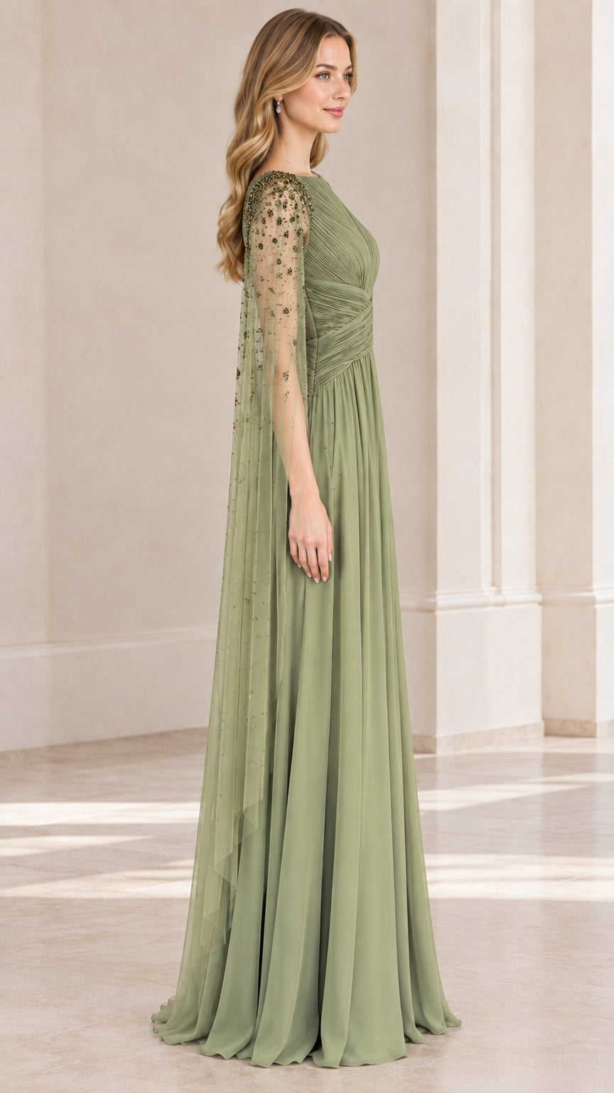 Side view of sage green cape sleeve pleated maxi dress