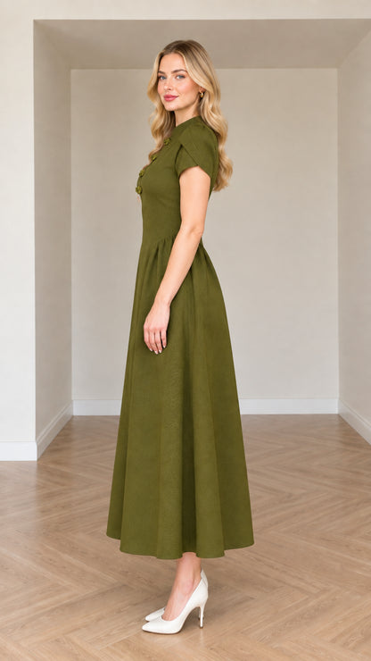 Side view of Olive Green A-line midi dress showing pleated skirt and fit