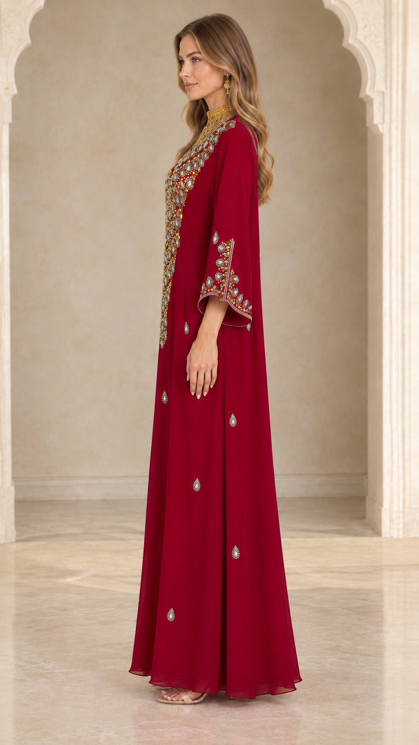 Side profile view of burgundy beaded kaftan maxi dress