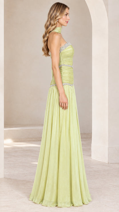 Side full-length view of light green pleated chiffon formal maxi dress
