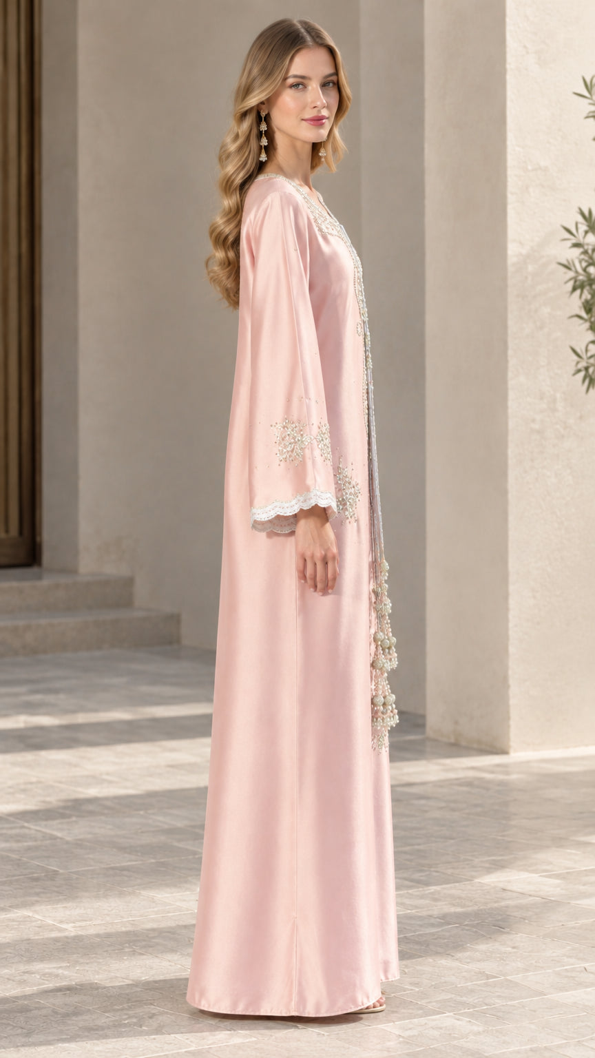 Side profile view of blush pink embroidered long sleeve kaftan dress