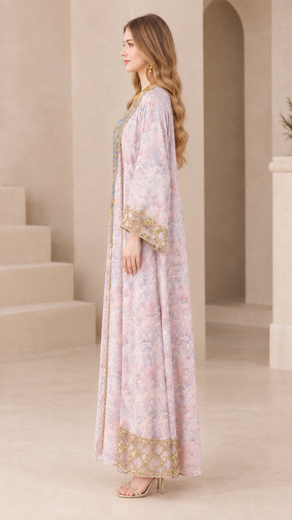 Side view of dusty pink floral embroidered kaftan dress