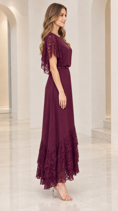 Side profile view of burgundy lace patchwork maxi dress