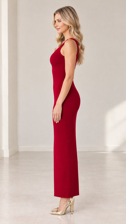 Side profile view of Burgundy sleeveless bodycon maxi dress